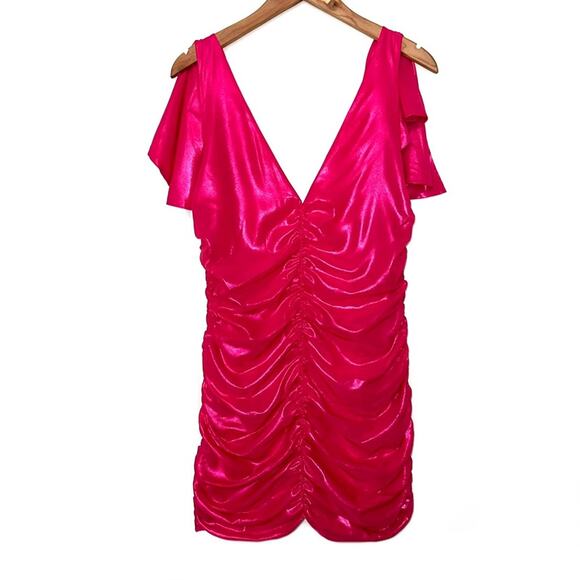 SOLD πNWT Lovers + Friends Kana Ruched Metallic Barbiecore Mini Dress Size L - Picture 2 of 16